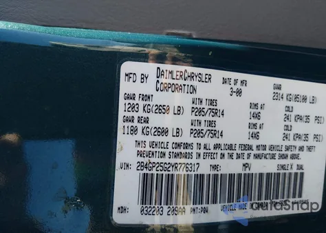 2000 Dodge Caravan z USA, uszkodzony, nr VIN 2B4GP25G2YR776317